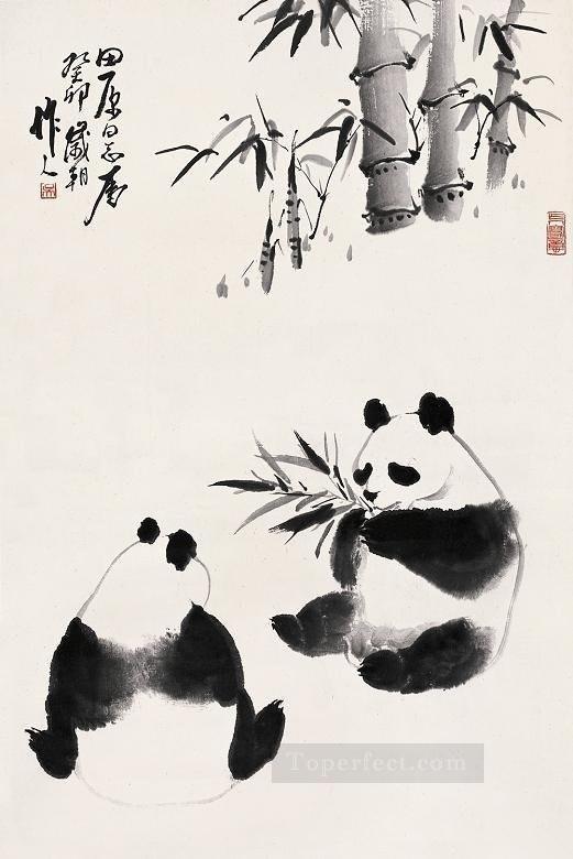 Wu zuoren panda eating bamboo traditional China Oil Paintings